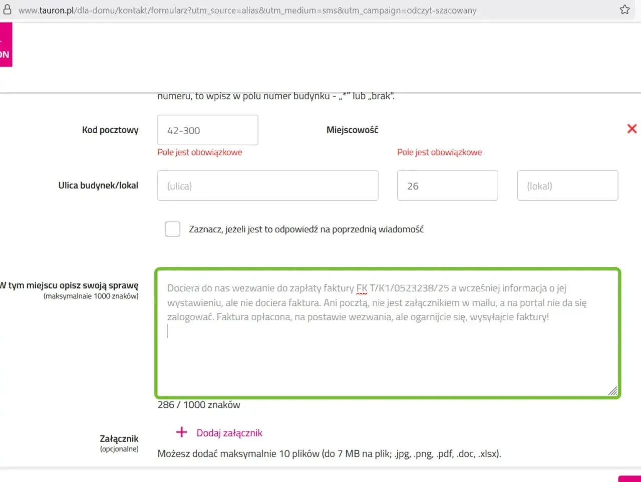 Formularz kontaktowy Tauron. Wpisano kod pocztowy 42-300, miejscowość 26. W polu tekstowym opisano problem z fakturą.