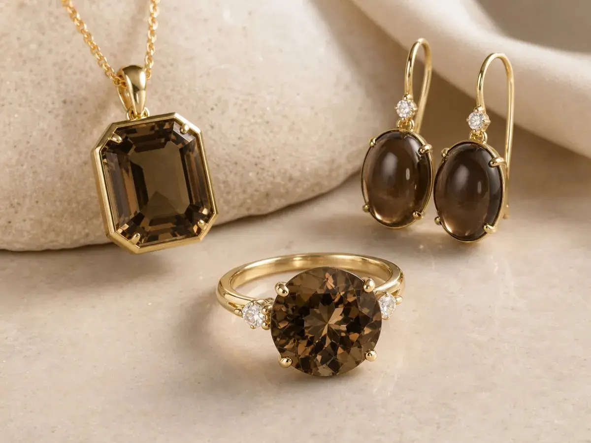 Conjunto de oro con cuarzo ahumado, conocido por sus propiedades de calma y protección. Un colgante, anillo y pendientes que irradian elegancia.