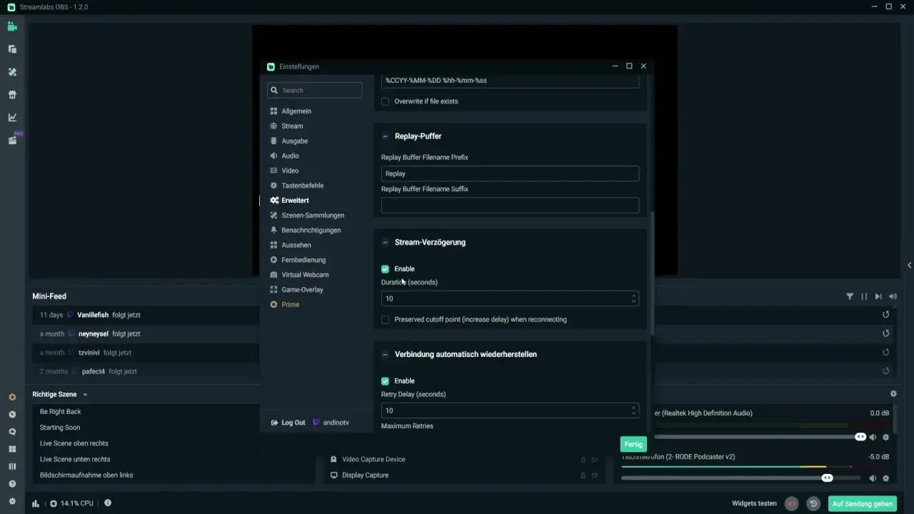Streamlabs OBS: Stream-Verzögerung einstellen. Die Dauer des Streams kann hier auf 10 Sekunden gesetzt werden.