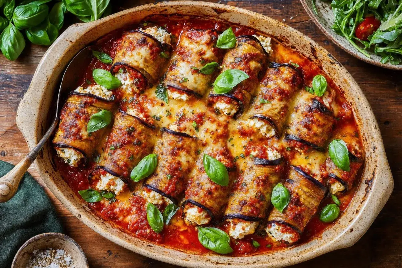 Délicieux gratin d'aubergine roulée, garnie de ricotta et baignant dans une sauce tomate savoureuse, parsemé de feuilles de basilic frais.