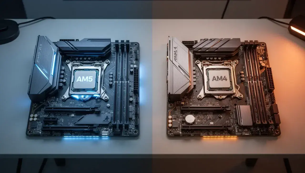 Zwei Mainboards, eines mit AM5-CPU (blau beleuchtet) und eines mit AM4-CPU (orange beleuchtet), zeigen den Übergang zur neuen Plattform.