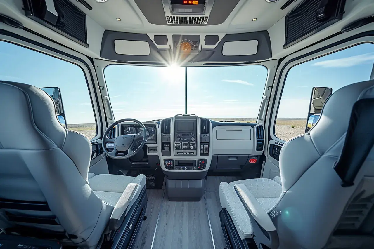 Intérieur d'un camion cabine moderne, avec des sièges confortables et un tableau de bord high-tech. Le soleil brille à travers le pare-brise.