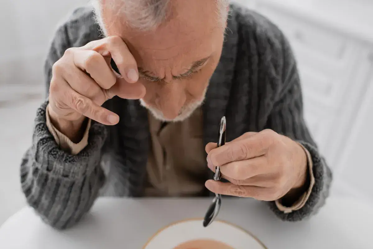 Starszy mężczyzna z drżącą ręką próbuje jeść. Choroba parkinson ile się żyje, to pytanie, które zadaje sobie wielu.