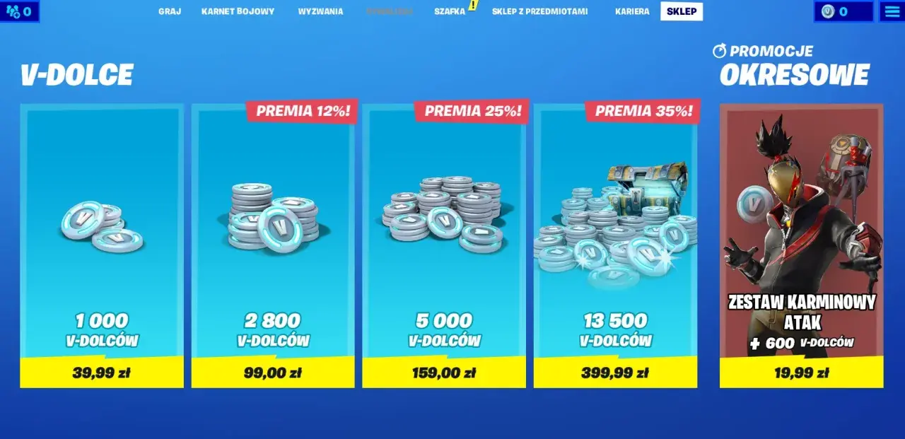 Kup V-dolce w Fortnite, aby zdobyć przedmioty kosmetyczne. Dostępne pakiety z premią, np. 13500 V-dolców z bonusem 35%.