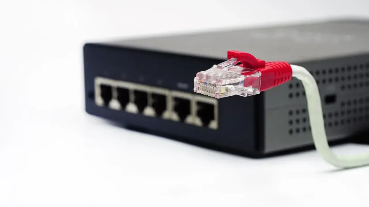 Czerwony wtyk kabla sieci ethernet podłączony do czarnego switcha z wieloma portami.