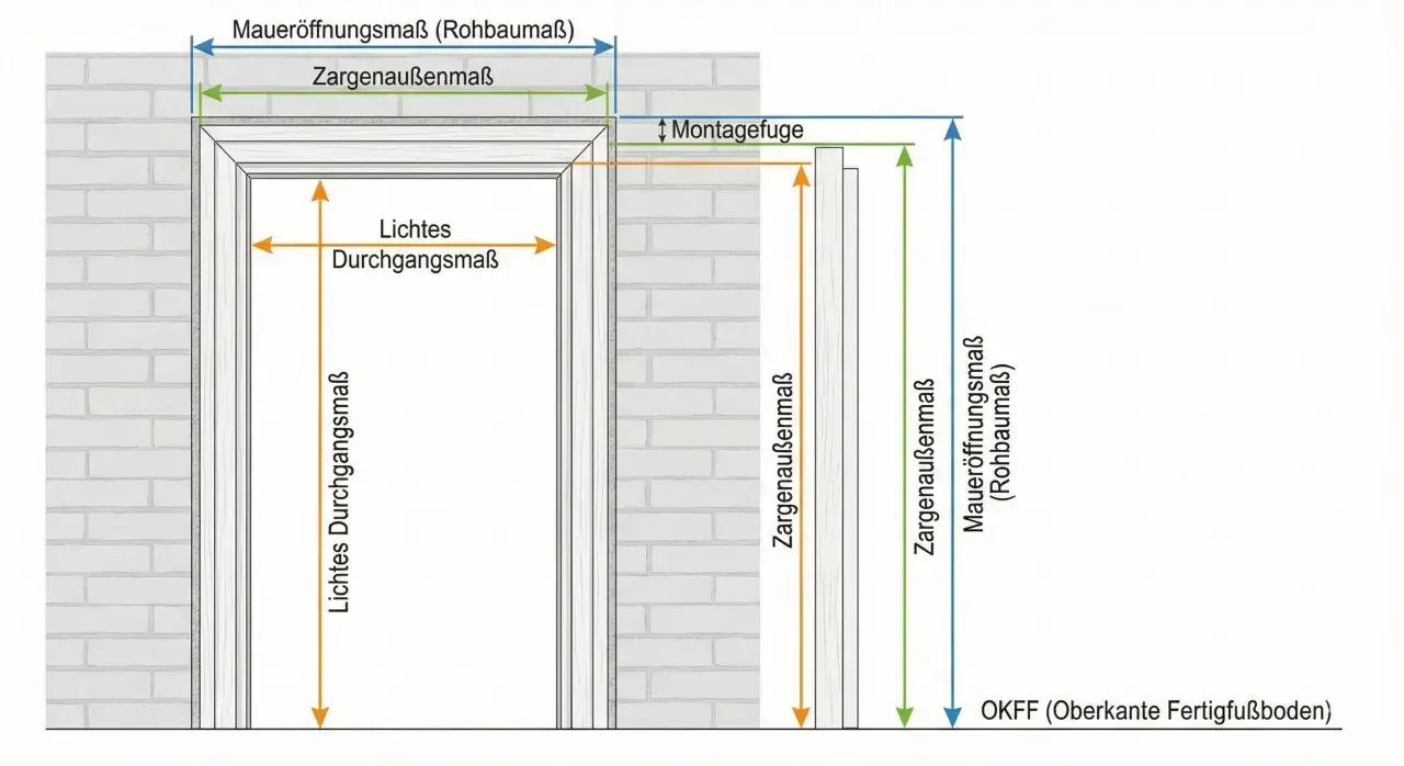 Schema zur Ermittlung von Türmaßen nach DIN 18100: Mauer-, Zargen- und lichte Durchgangsmaße werden dargestellt.