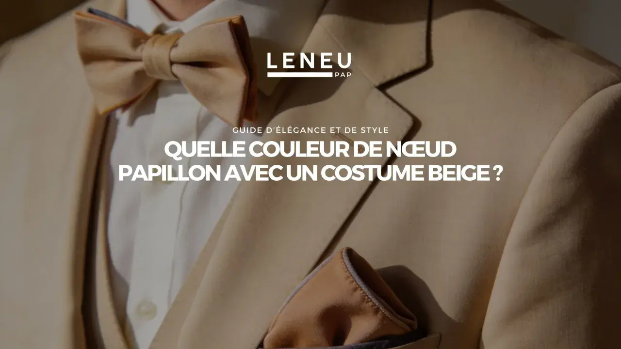 Un homme porte un costume beige avec un nœud papillon assorti. La question "Quelle couleur de nœud papillon avec un costume beige ?" est affichée.