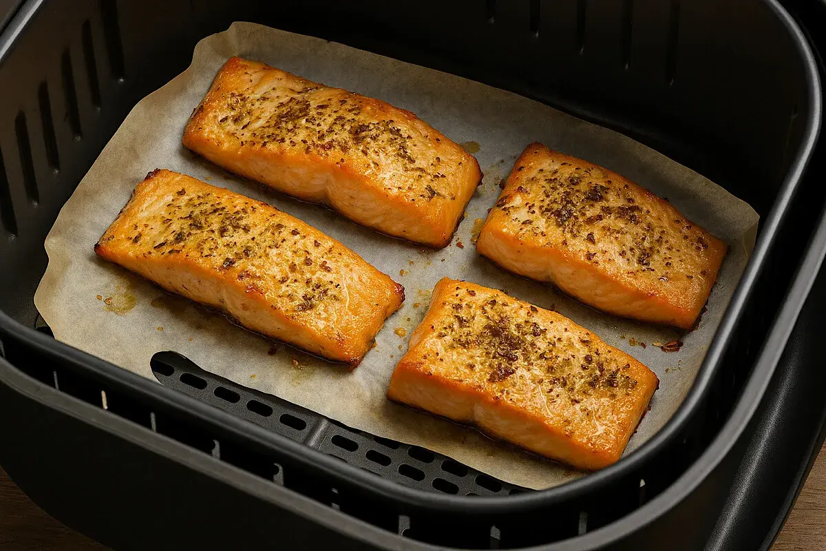 Quattro filetti di salmone dorati e conditi, pronti per essere gustati, appena usciti dalla friggitrice ad aria.