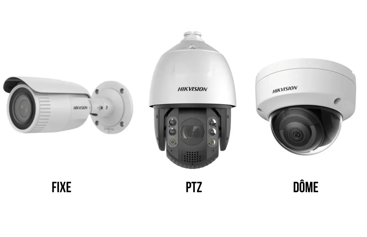 Trois caméras de surveillance Hikvision : fixe, PTZ et dôme. Idéales pour une surveillance vidéo dans le cloud.