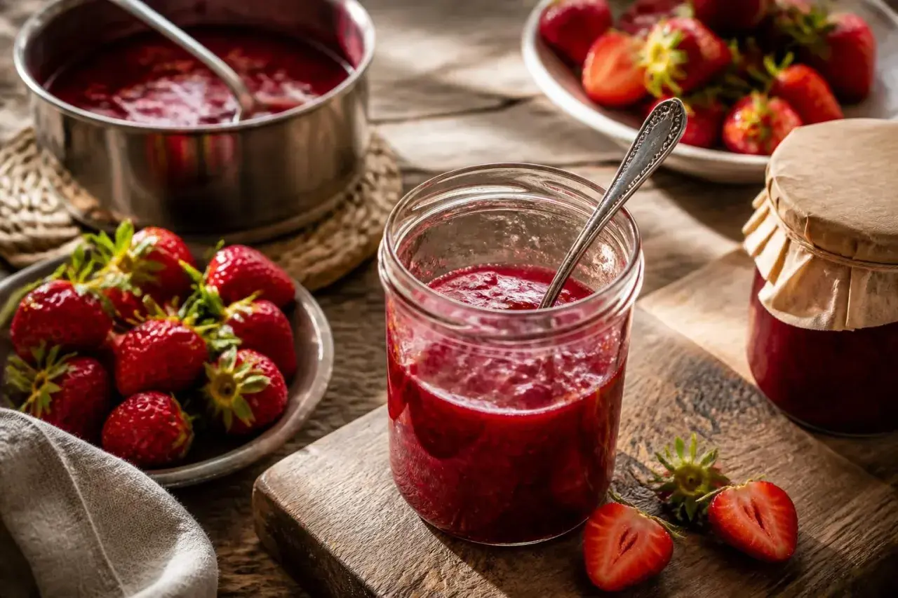 Frische Erdbeeren und selbstgemachte Erdbeermarmelade im Glas. Ein köstliches Erdbeermarmelade Rezept zum Nachmachen.