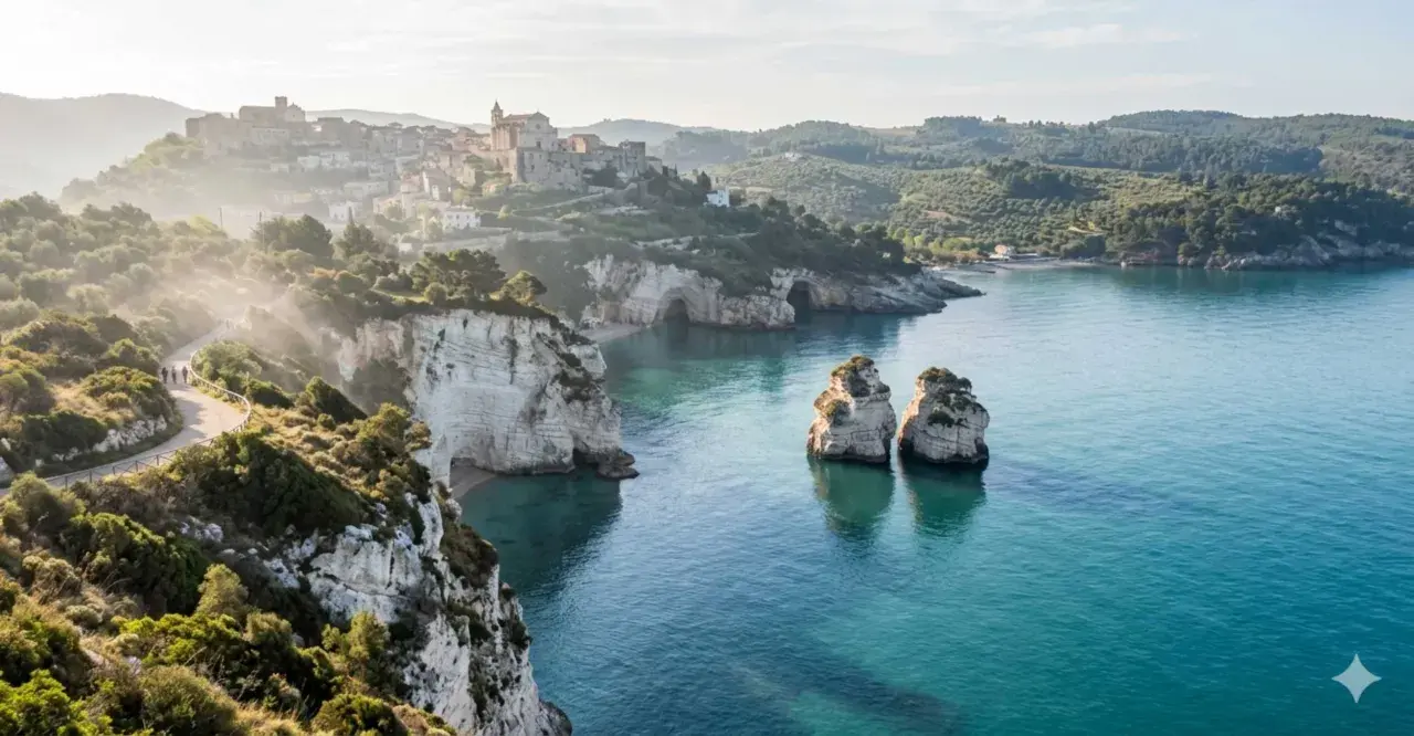 Panoramica mozzafiato del Gargano, Puglia, con scogliere bianche, mare cristallino, faraglioni e un borgo arroccato.