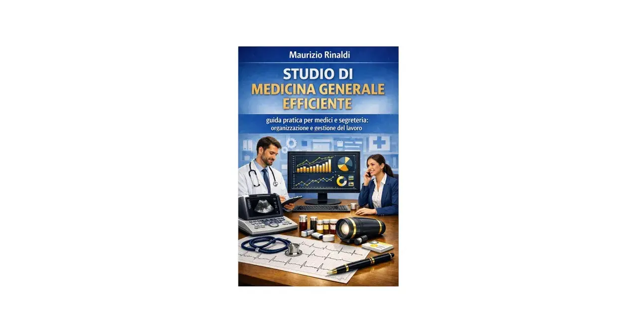 Medico e impiegata studio medico collaborano per una gestione efficiente. Sul tavolo, ecografo, stetoscopio e grafici.