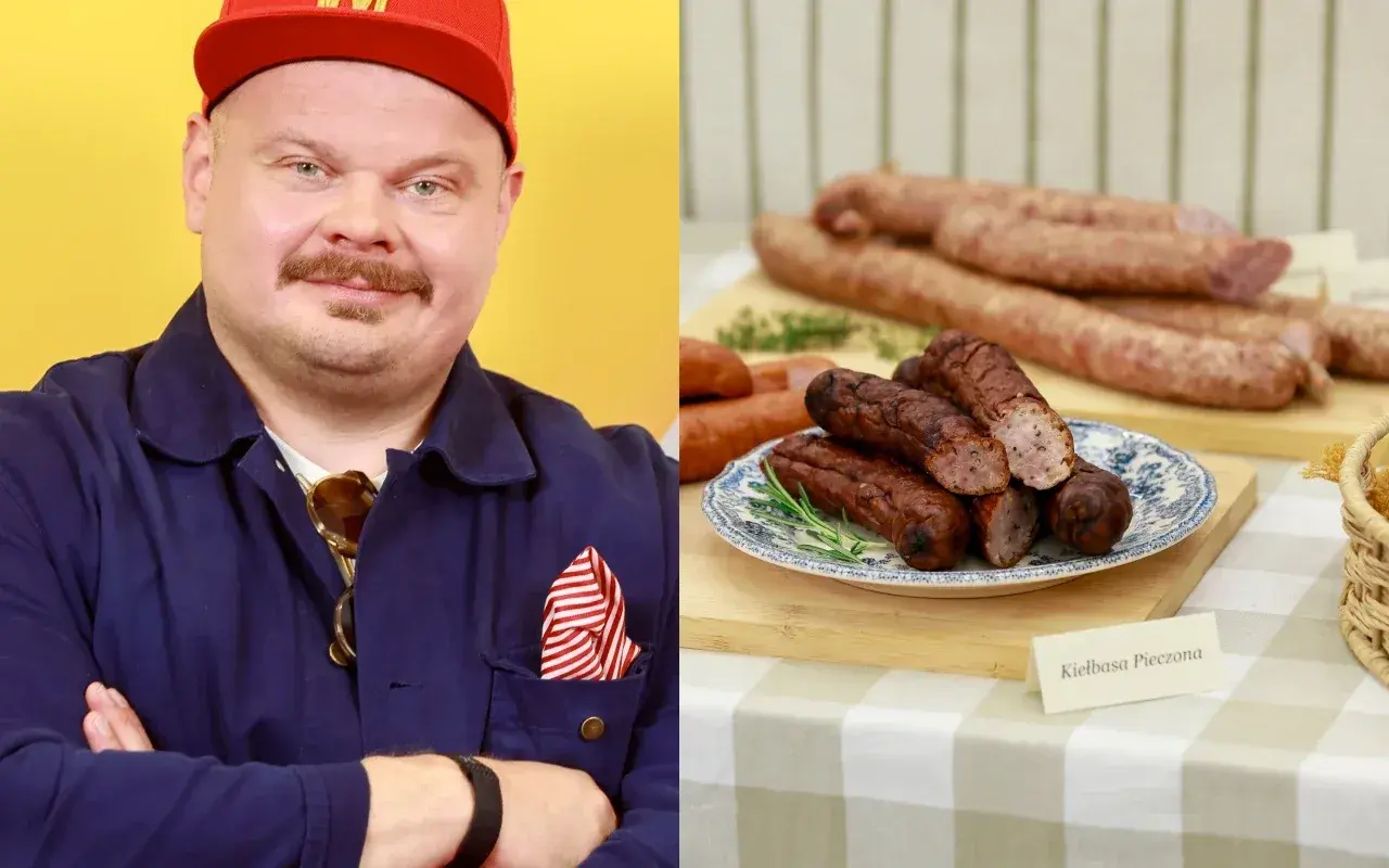 Jaka kiełbasa do żurku? Na zdjęciu mężczyzna w czerwonej czapce i obok talerz z pieczoną kiełbasą, idealną do żurku.