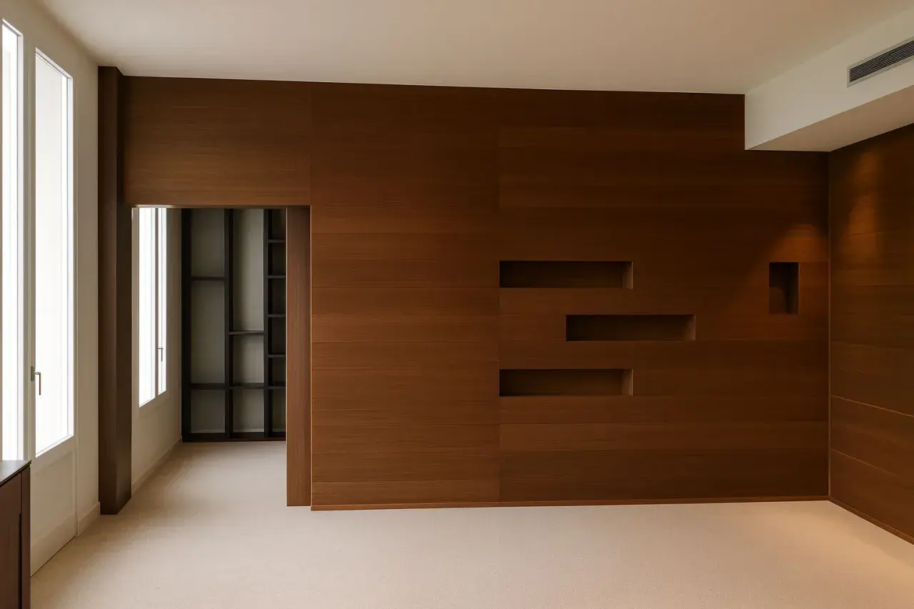 Parete moderna con finitura in impiallacciato rovere, nicchie integrate e un'apertura su una libreria a giorno.