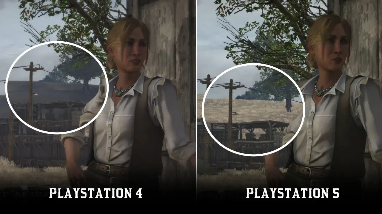 Porównanie grafiki Red Dead Redemption 2 na PS4 i PS5. Widoczna poprawa detali i ostrości w wersji na PS5.