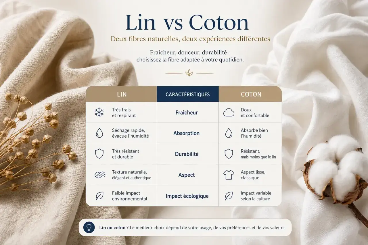 Comparaison lin et coton : le lin, matière naturelle, offre fraîcheur et durabilité. Tableau comparatif des caractéristiques.