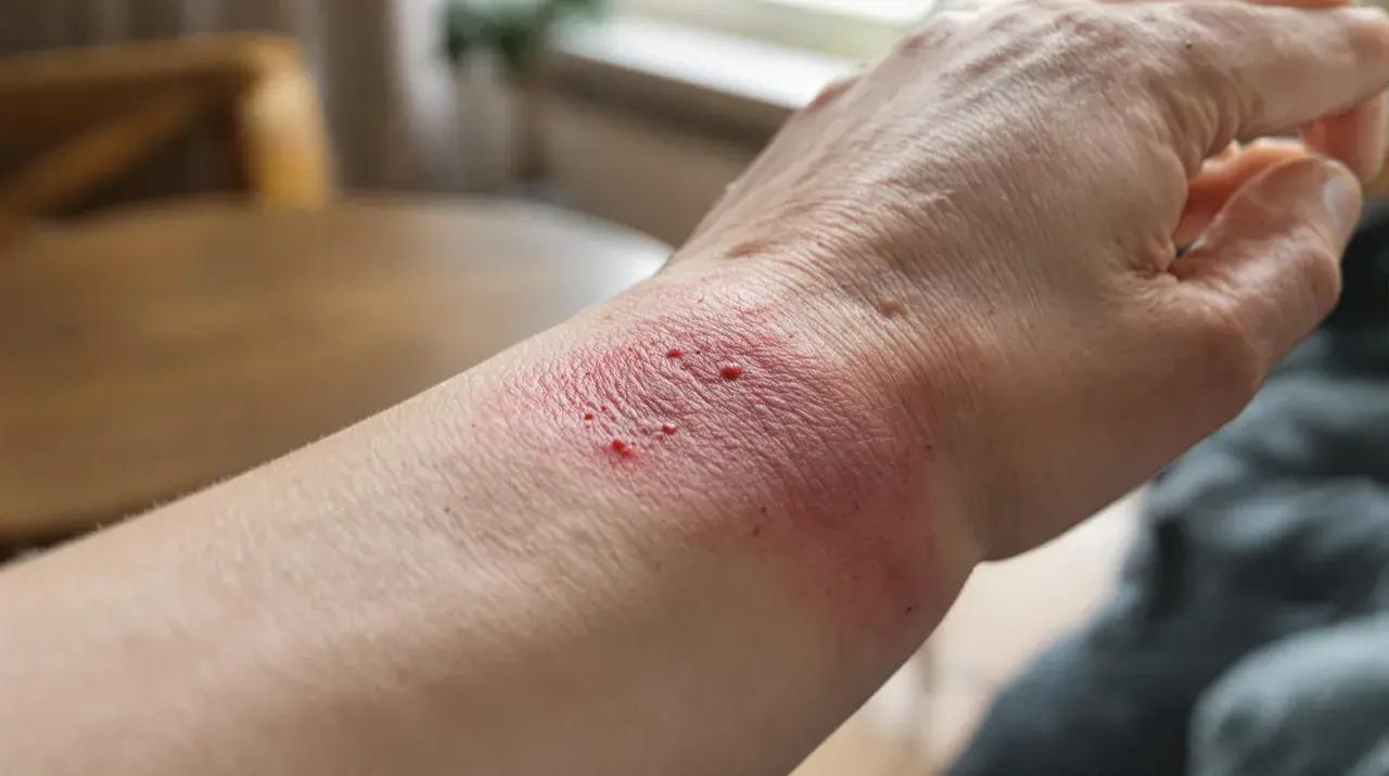 Poignet rouge et irrité, avec des petites cloques, comme une cicatrice qui brûle.