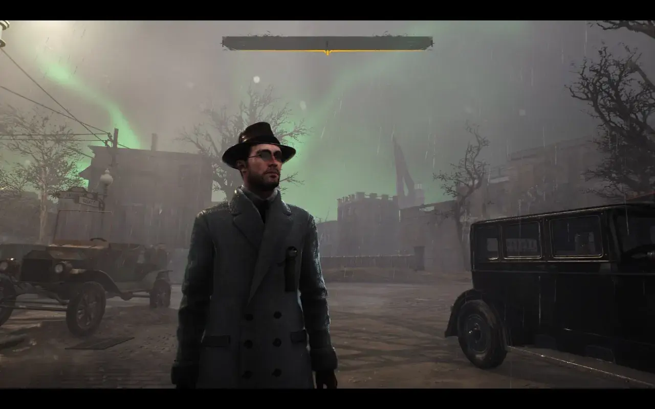 Mężczyzna w kapeluszu i płaszczu stoi na tle deszczowego miasta, gdzie zorza polarna oświetla niebo. To **the sinking city**, gdzie tajemnica wisi w powietrzu.