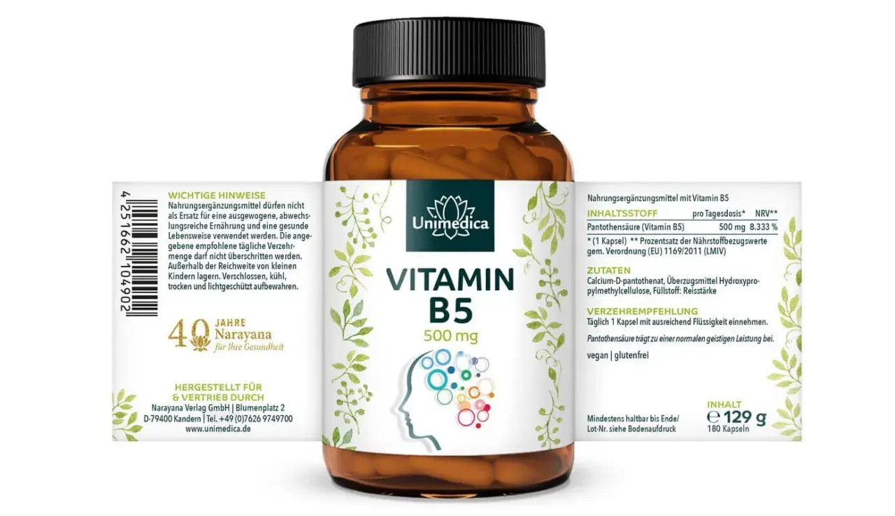 Flasche Unimedica Vitamin B5 (500 mg) mit Abbildung eines Kopfes, der von bunten Kreisen umgeben ist. Pantothensäure unterstützt die geistige Leistung.
