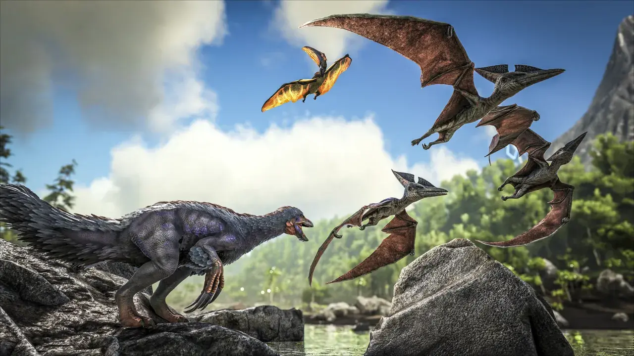 Dinozaur kontra stado pterodaktyli. Gra Ark Survival Evolved wymaga mocnego sprzętu, by cieszyć się takimi widokami.