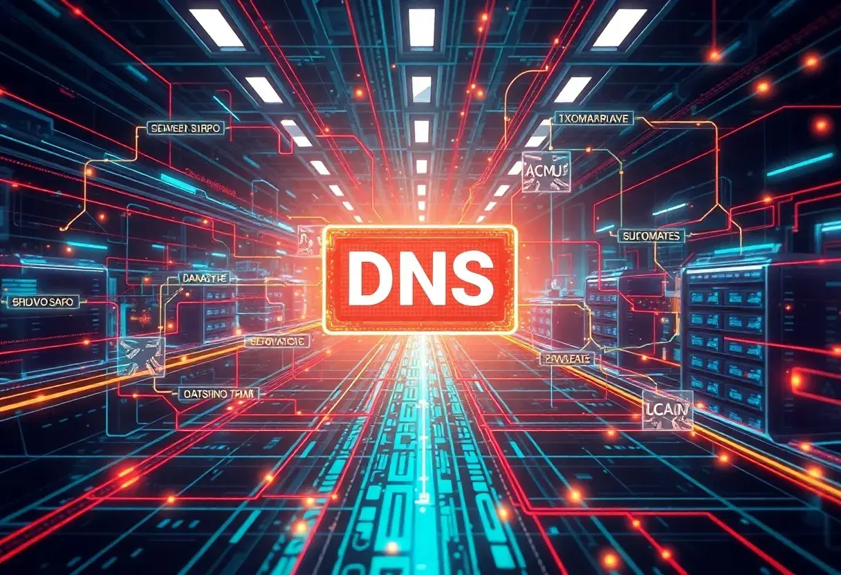 Cyfrowe serce sieci, gdzie **ustawienia DNS** kierują ruchem. Neonowe linie łączą serwery w futurystycznym centrum danych.