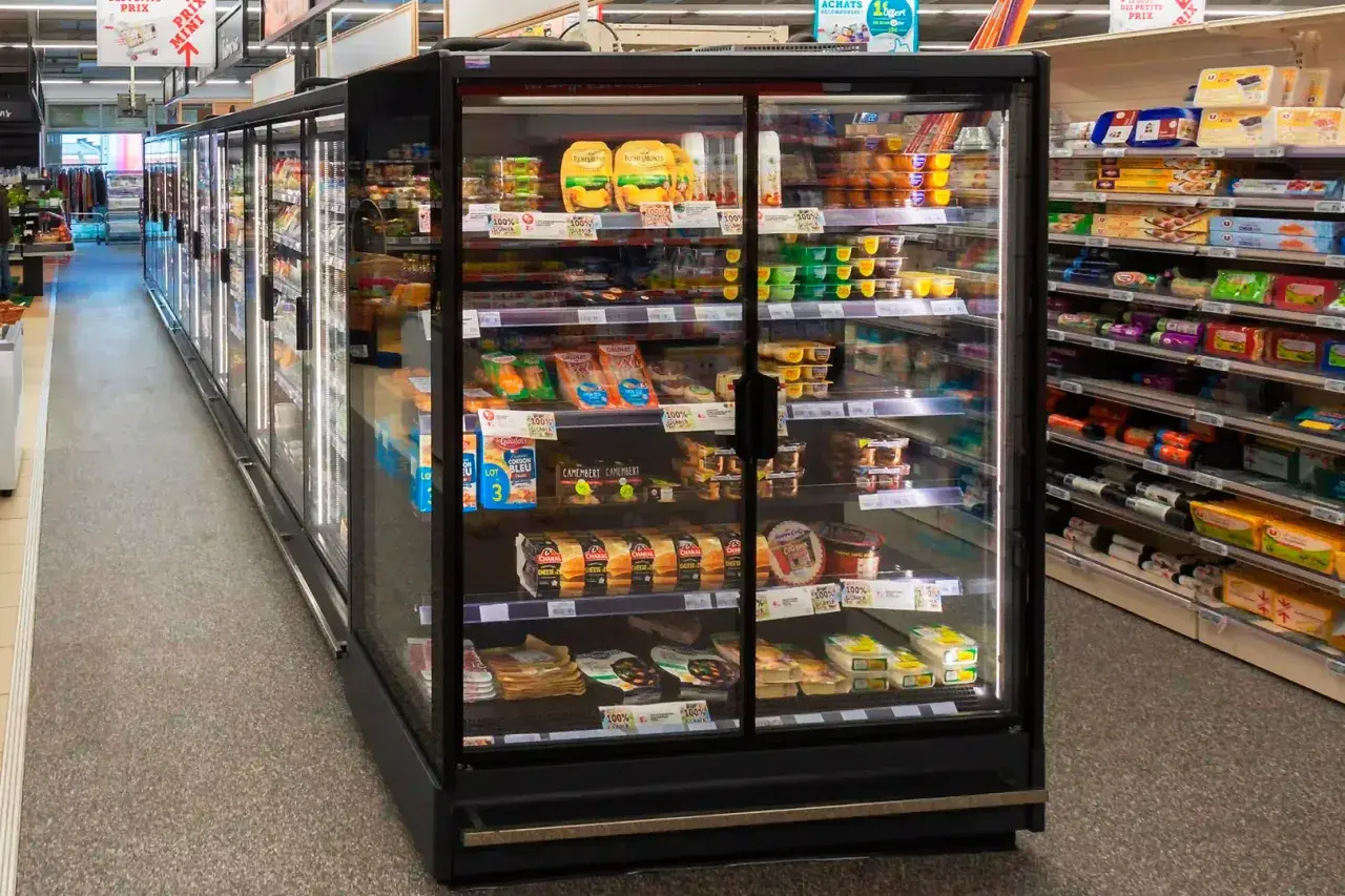 Chłodnia z produktami spożywczymi w supermarkecie, z widocznymi serami, wędlinami i deserami.
