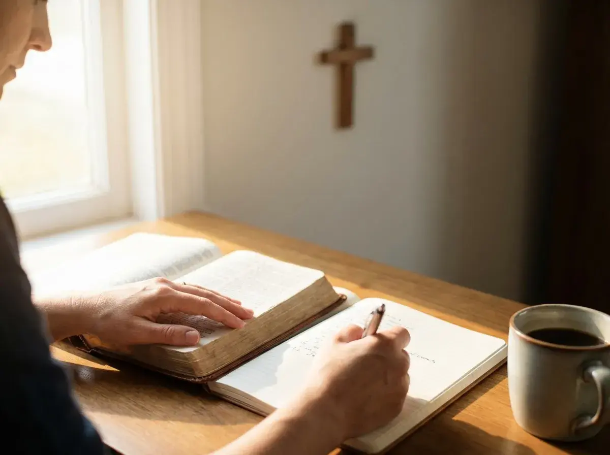 Osoba studiuje ewangelia na dziś z komentarzem, notując przemyślenia przy kubku kawy. W tle widoczny drewniany krzyż.
