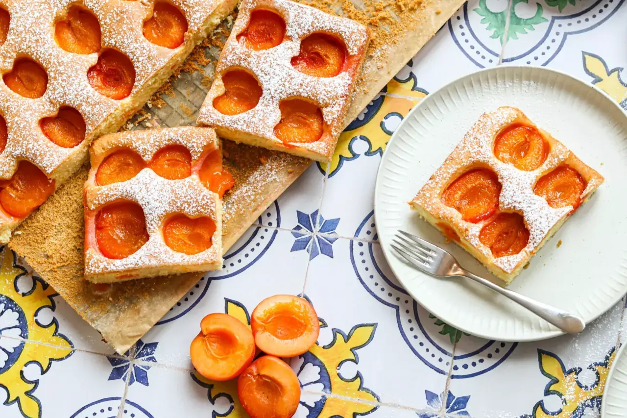 Saftiger Marillenkuchen, perfekt für jedes Marillenkuchen Rezept. Mit Puderzucker bestäubt und frischen Marillen garniert.