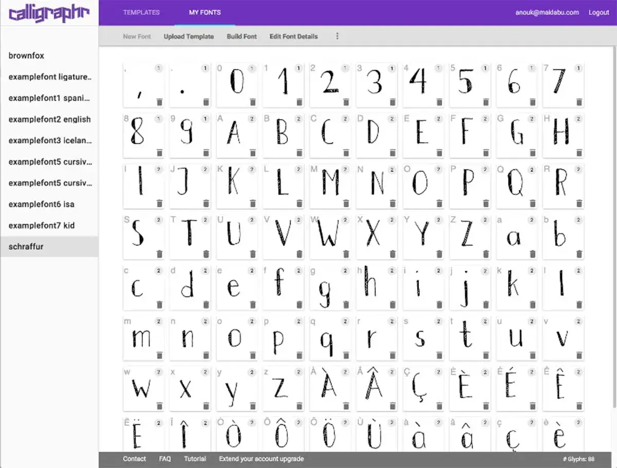 Interfaz de Calligraphr para crear letras lettering online. Muestra una vista previa de caracteres de una fuente personalizada.