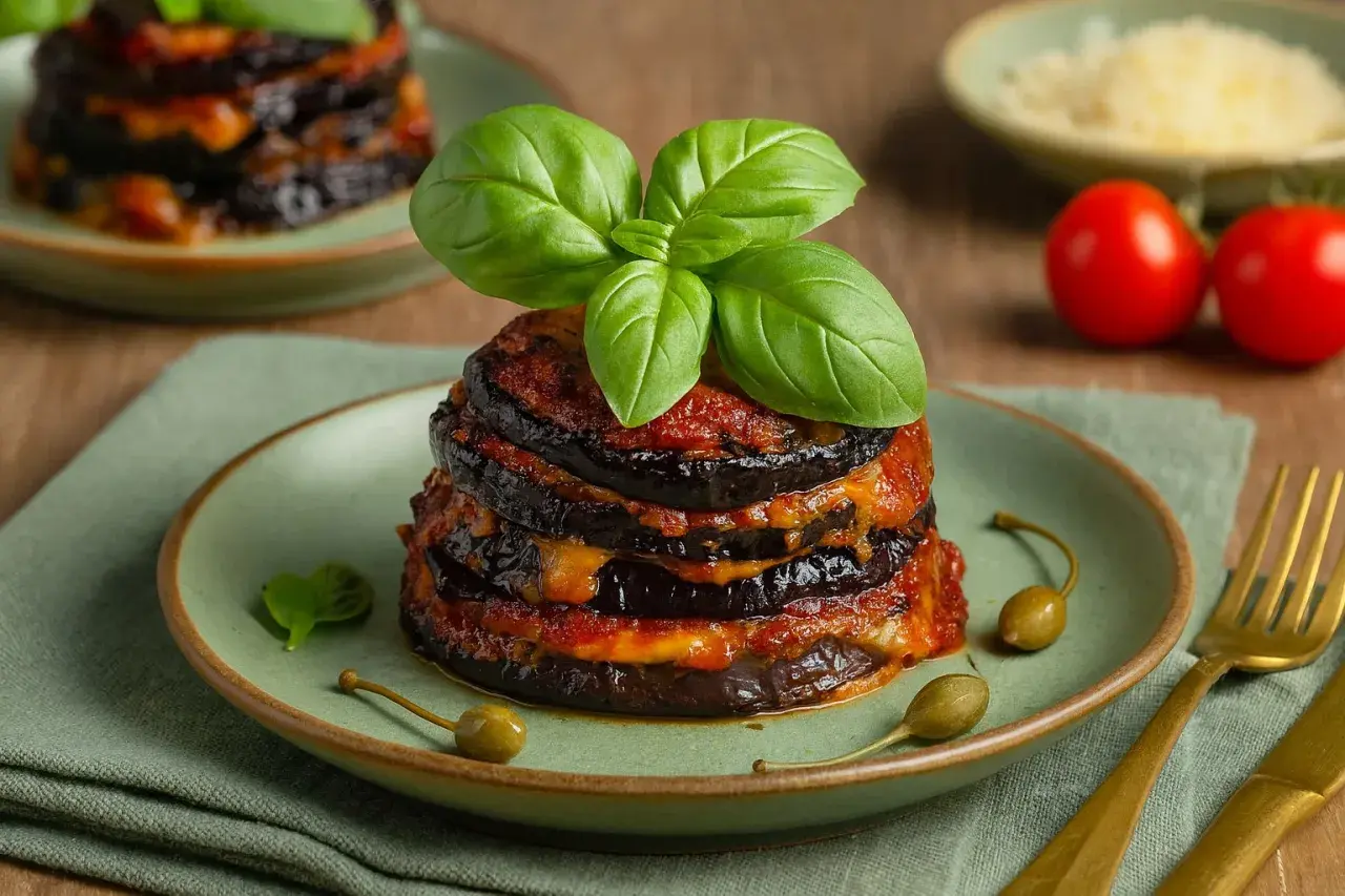 Ein gestapeltes Parmigiana di melanzane mit Basilikum, Kapern und Tomaten auf einem grünen Teller.