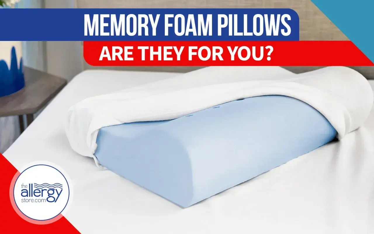 A blue memory foam pillow with a white cover, on a white sheet. Text reads "MEMORY FOAM PILLOWS ARE THEY FOR YOU?". Discover memory foam pillow benefits.