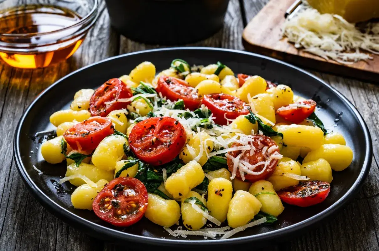 Pyszne gnocchi ze szpinakiem i pomidorkami koktajlowymi, posypane parmezanem. Danie wygląda apetycznie.