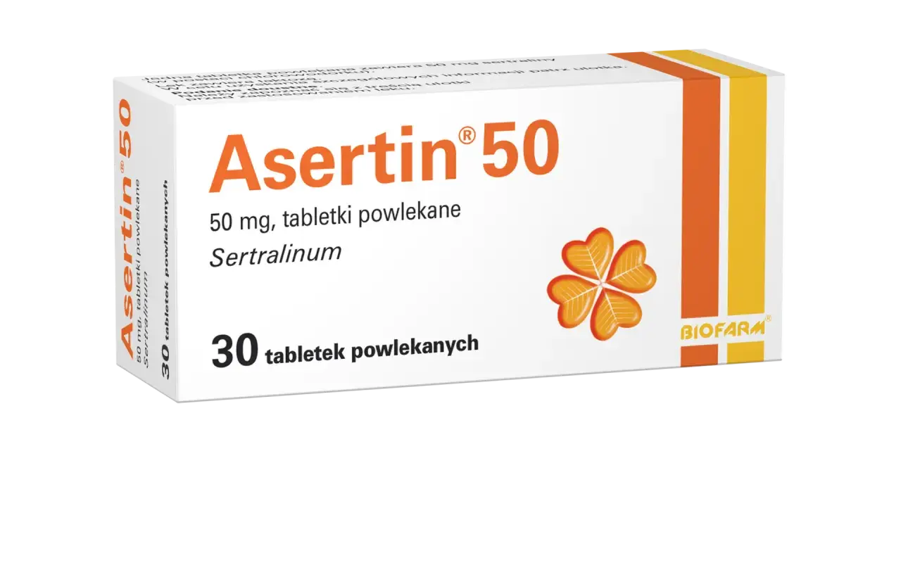 Opakowanie leku Asertin 50 mg, zawierające 30 tabletek powlekanych z sertraliną.