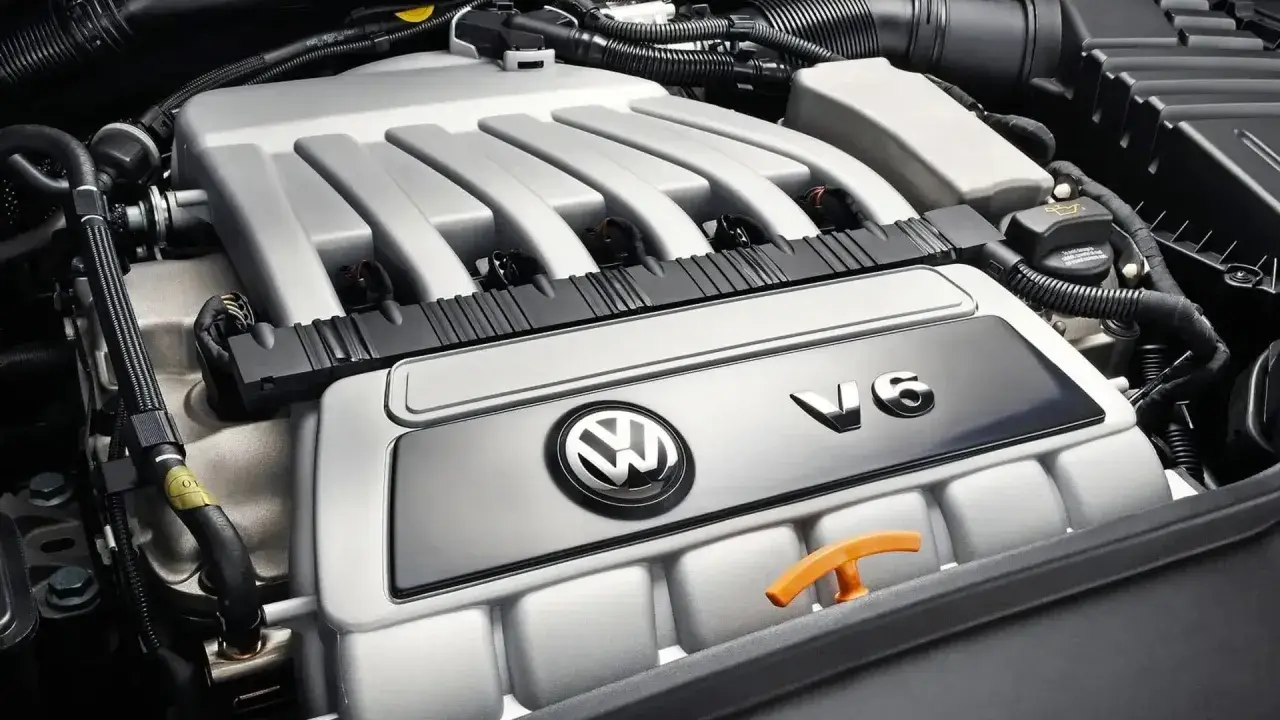 Silnik VR6 Volkswagena z widocznym logo i oznaczeniem V6.