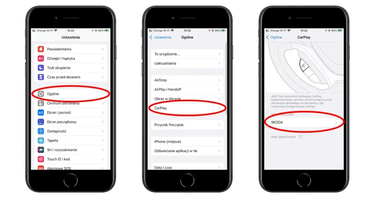 Konfiguracja CarPlay iOS na iPhonie: Ustawienia > Ogólne > CarPlay. Wybierz swój samochód, np. SKODA, aby połączyć.