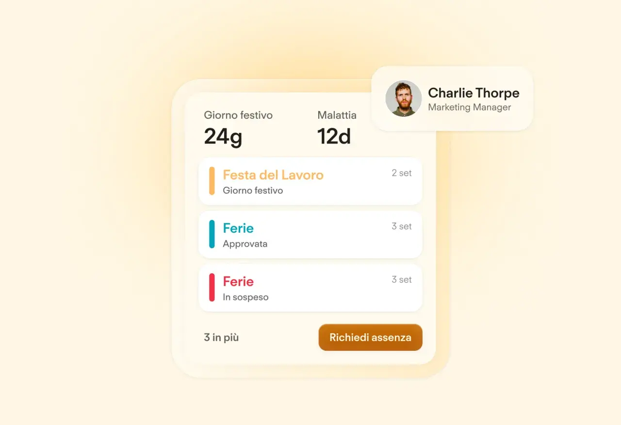 Dashboard di Charlie Thorpe, Marketing Manager, mostra giorni festivi, malattia e ferie. Gestione dell'assenteismo sul lavoro.