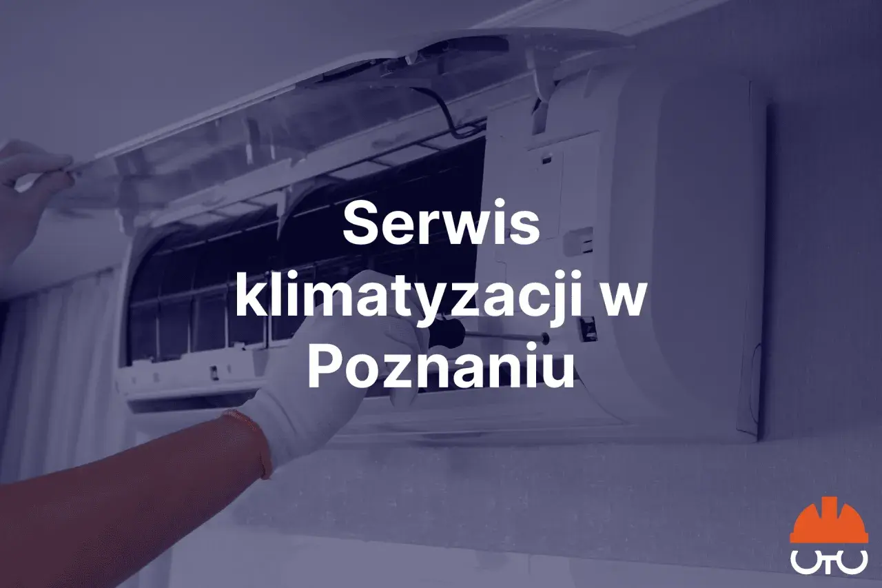 Ręka w białej rękawiczce naprawia klimatyzator. Napis: "Serwis klimatyzacji w Poznaniu".