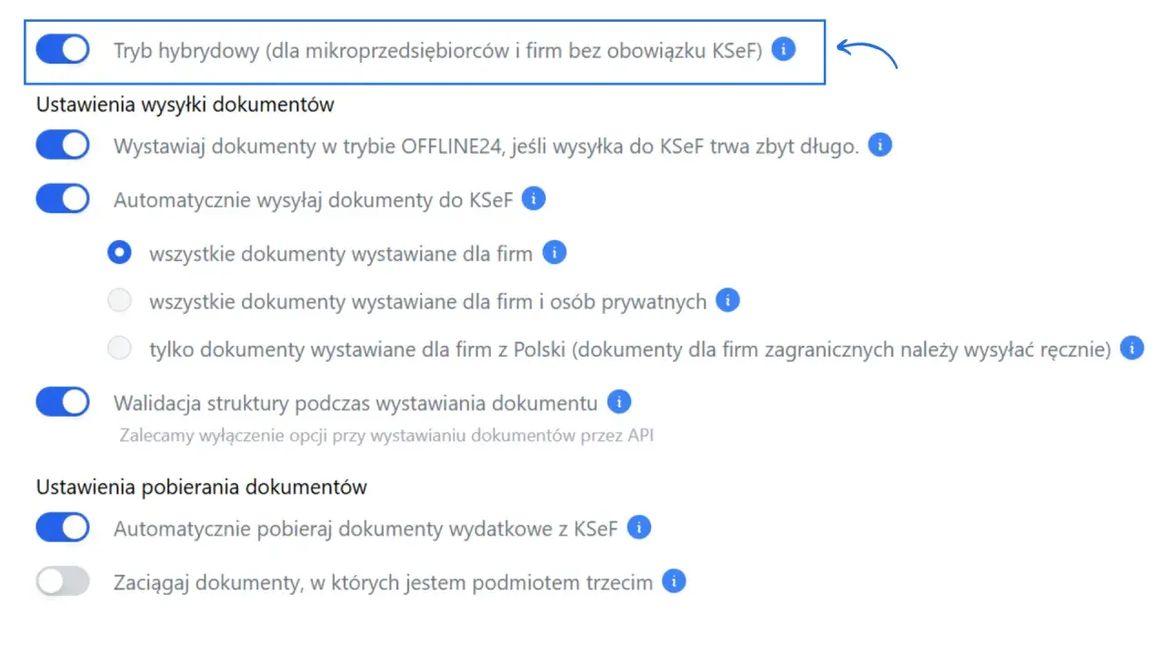Ustawienia KSeF: tryb hybrydowy, automatyczna wysyłka dokumentów, walidacja struktury. Jak założyć KSeF krok po kroku?
