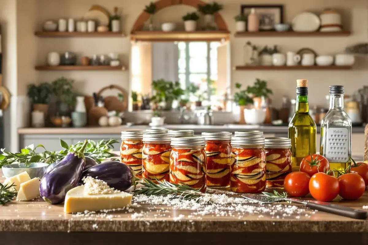 Aubergines confites recette italienne : des bocaux remplis d'aubergines, tomates, huile d'olive, ail et herbes sur un comptoir de cuisine.