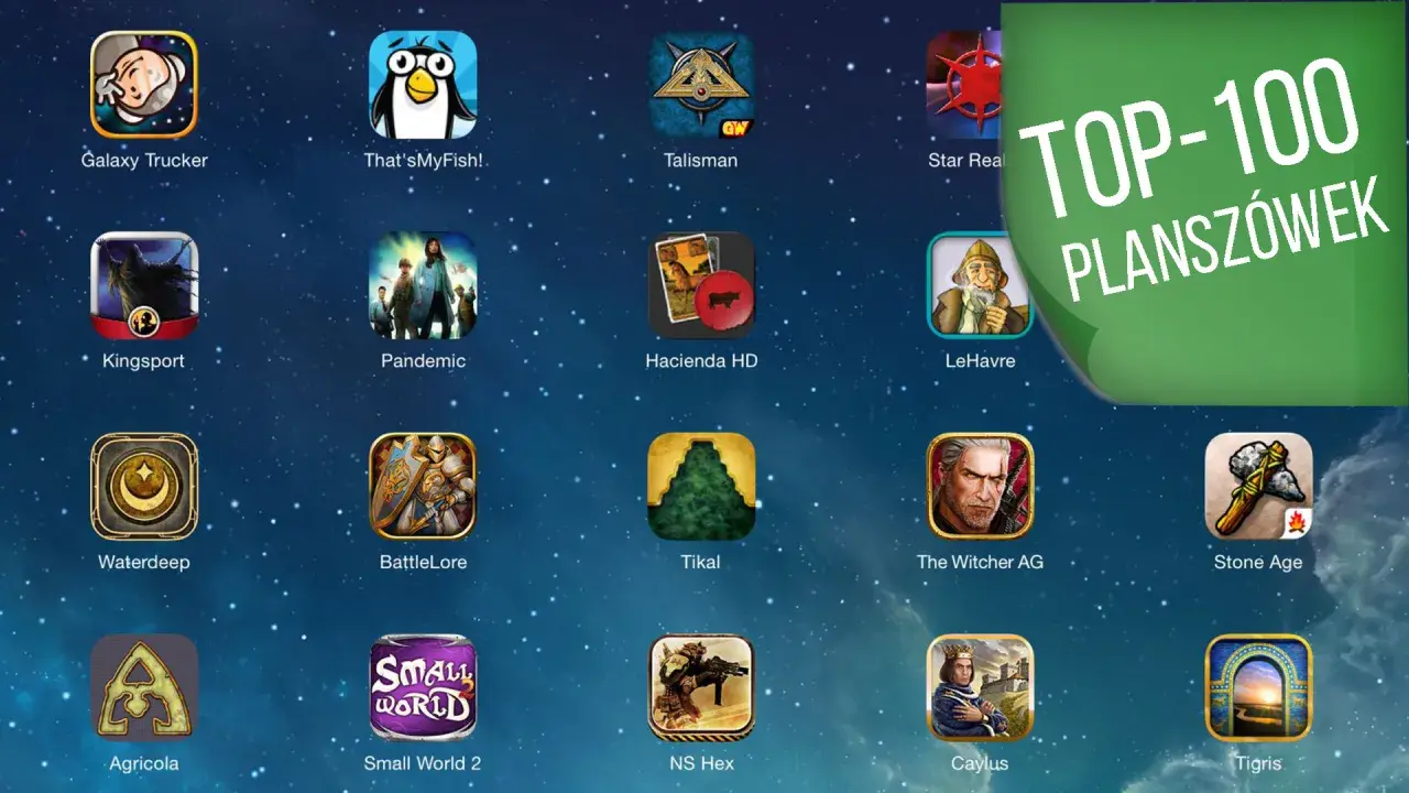 Kolekcja ikon gier na iPada, w tym Galaxy Trucker, Pandemic i The Witcher AG. Zielona nakładka z napisem "TOP-100 PLANSZÓWEK" sugeruje ranking najlepszych gier planszowych.