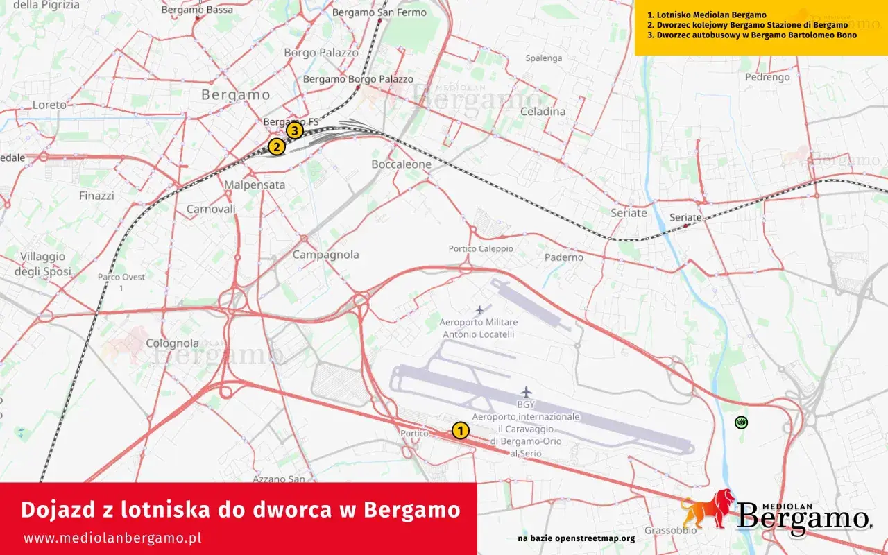 Mapa pokazuje dojazd z lotniska Mediolan Bergamo do dworca kolejowego i autobusowego.