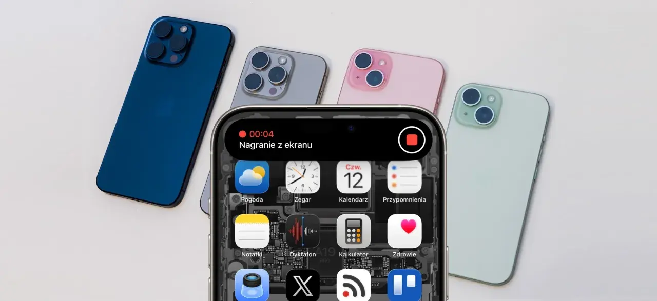 Nagrywanie ekranu iPhone'a w toku, w tle kilka modeli w różnych kolorach.