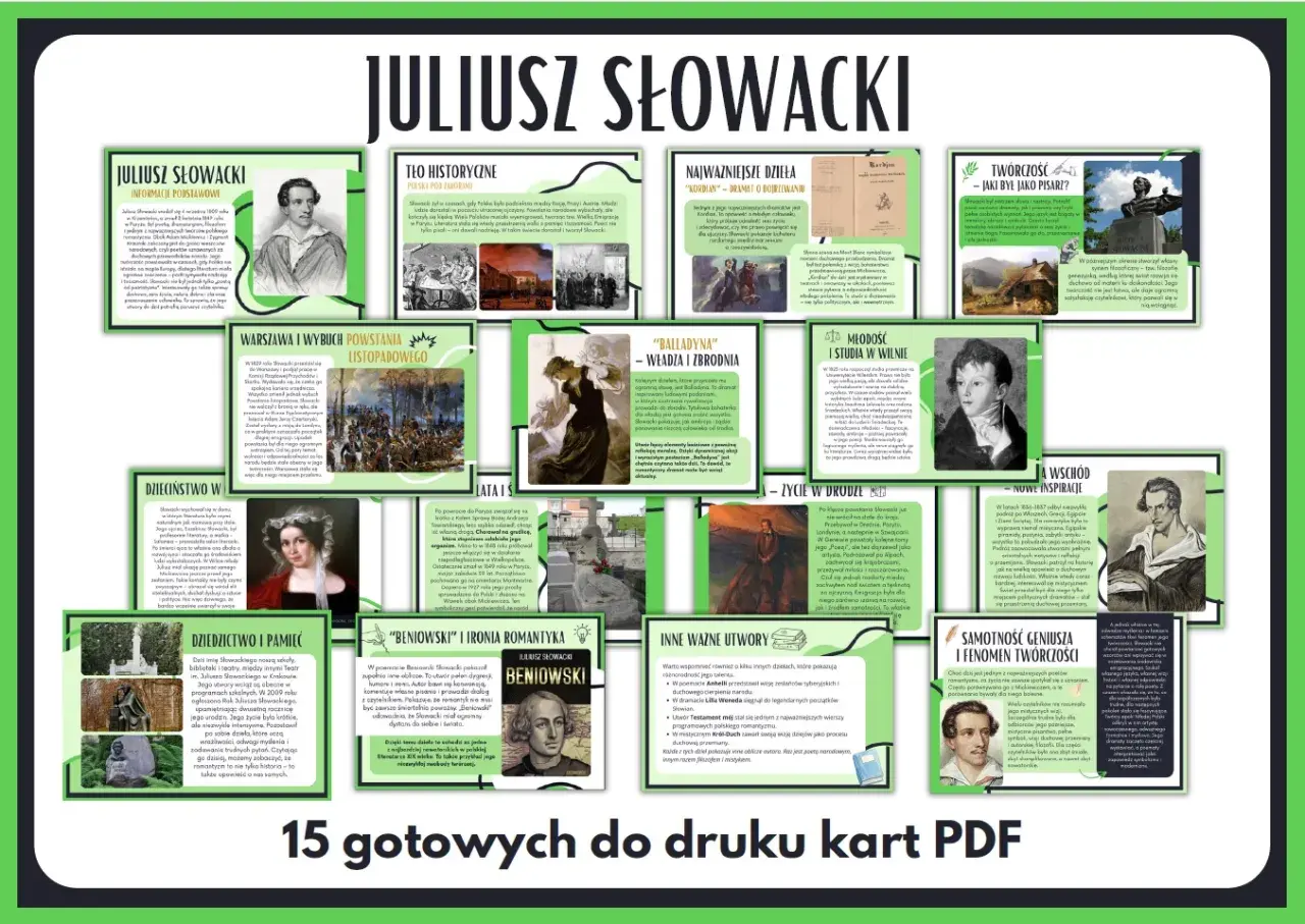 Juliusz Słowacki – polski poeta romantyczny, autor "Kordiana" i "Balladyny". Jego życie i twórczość, pełne tęsknoty za ojczyzną i refleksji nad losem narodu, są kluczowe dla polskiej literatury.