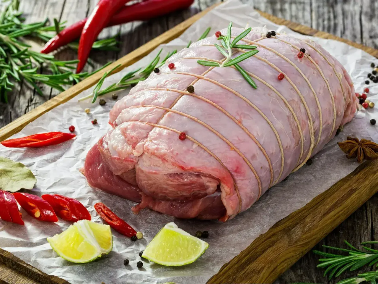 Surowa rolada z indyka, związana sznurkiem, z dodatkiem rozmarynu, pieprzu, chili i limonki, czeka na pieczenie.