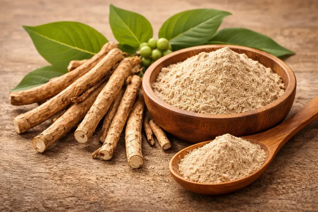 Radici e polvere di ashwagandha su fondo di legno. Informazioni su ashwagandha effetti collaterali.