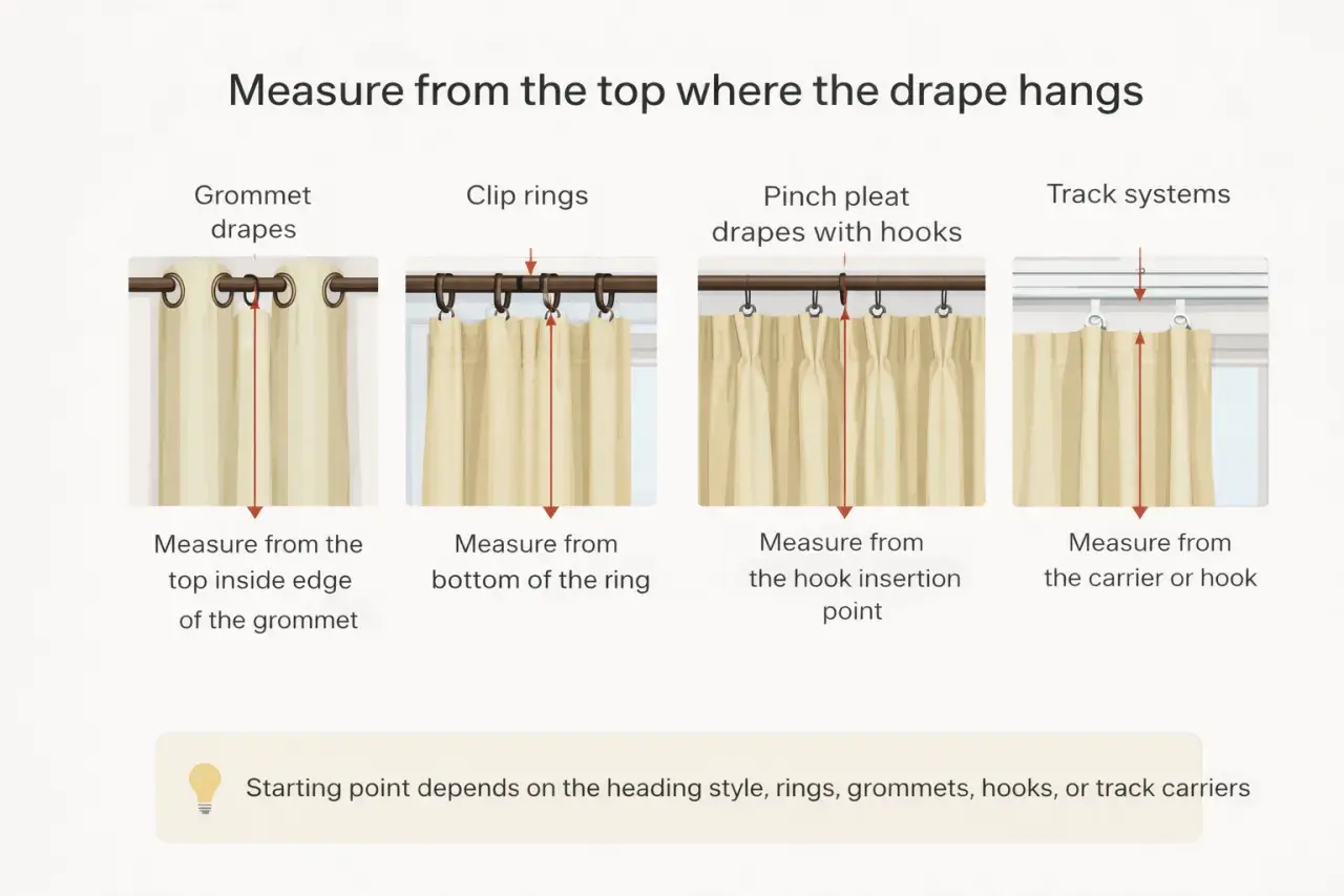 Illustration shows how to measure for pinch pleat drapes and other styles, indicating where to start measuring based on heading type.