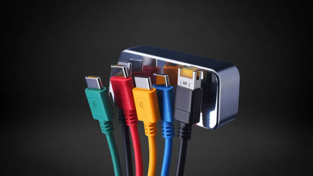 Mehrere bunte Kabel mit USB-C-Steckern und einem Ethernet-Anschluss, die in einen silbernen Adapter gesteckt sind. Ein Display Port Anschluss ist nicht sichtbar.