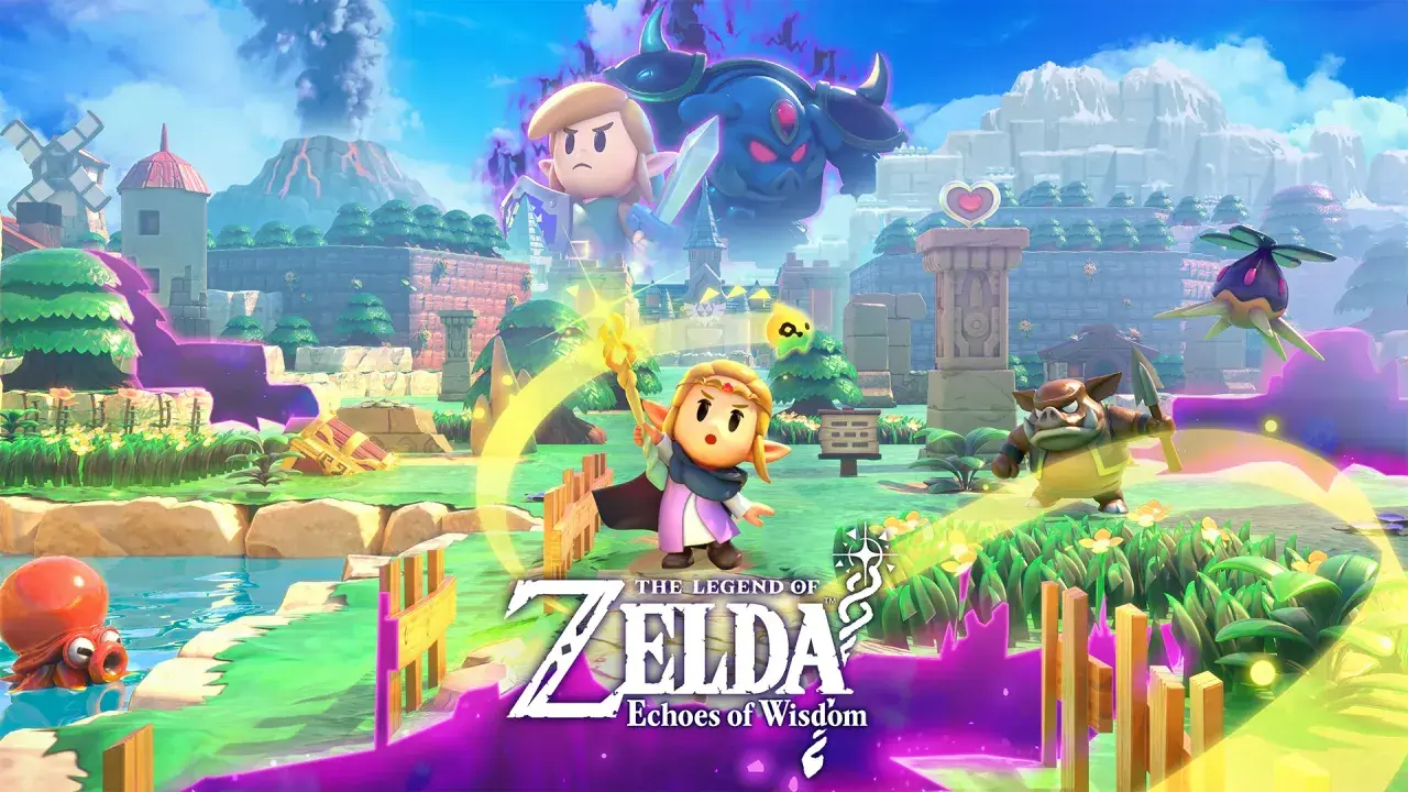 Link und Zelda im neuen Zelda: Echoes of Wisdom. Ein Oktorok, ein Moblin und ein dunkler Dämon bedrohen Hyrule.