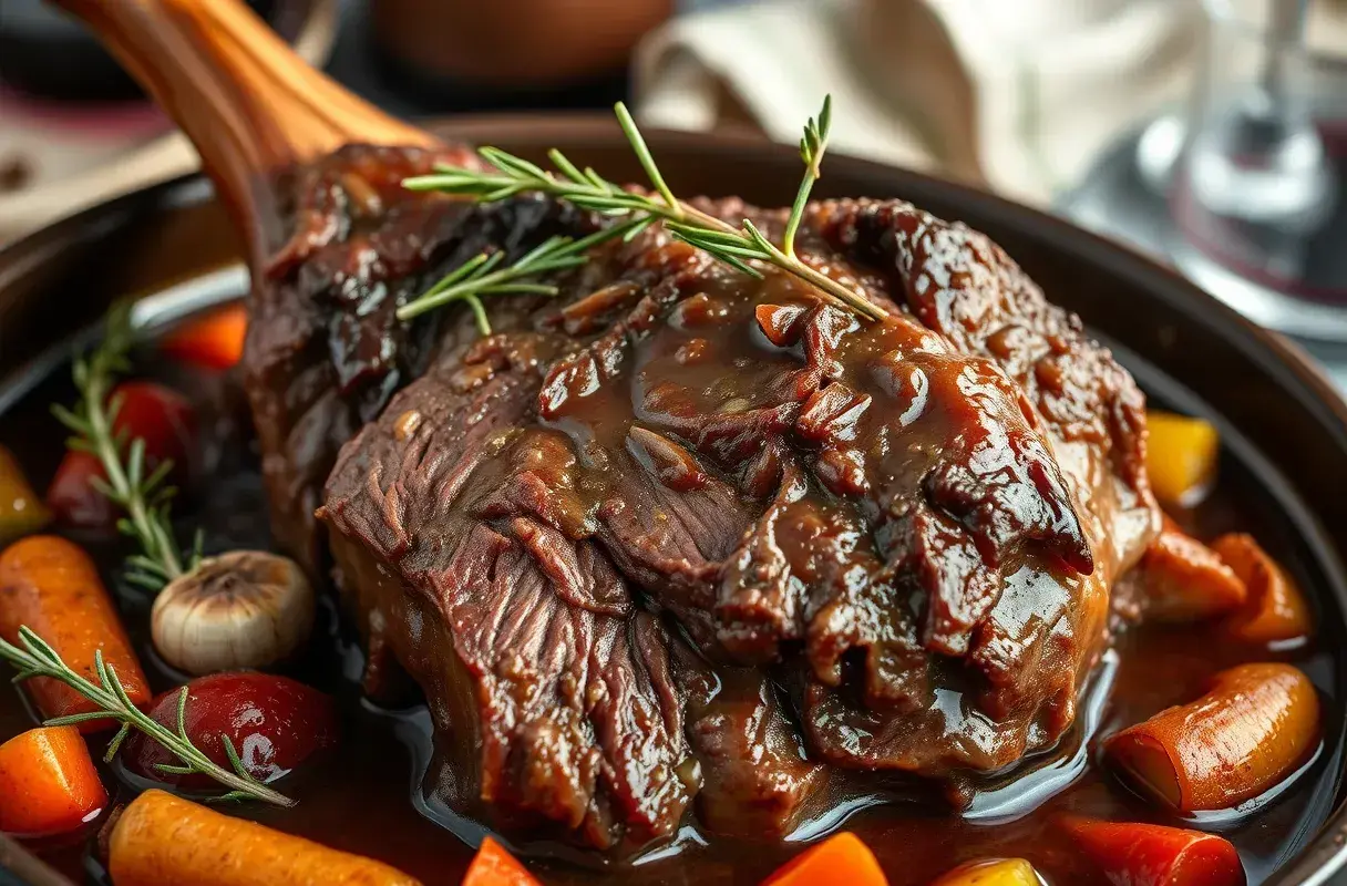 Un généreux jarret de boeuf braisé, nappé d'une sauce riche, servi avec des carottes et des herbes aromatiques.