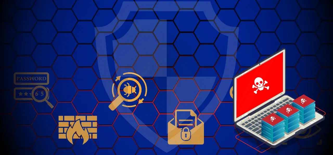 Ilustracja pokazuje zagrożenia cybernetyczne: laptop z czaszką, stosy serwerów z czaszkami, lupa z robakiem, zablokowana koperta, hasło i zapora ogniowa. To pokazuje, co to botnet.
